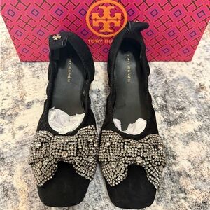 Tory Burch  Embellished Bow Ballet Silk Suede